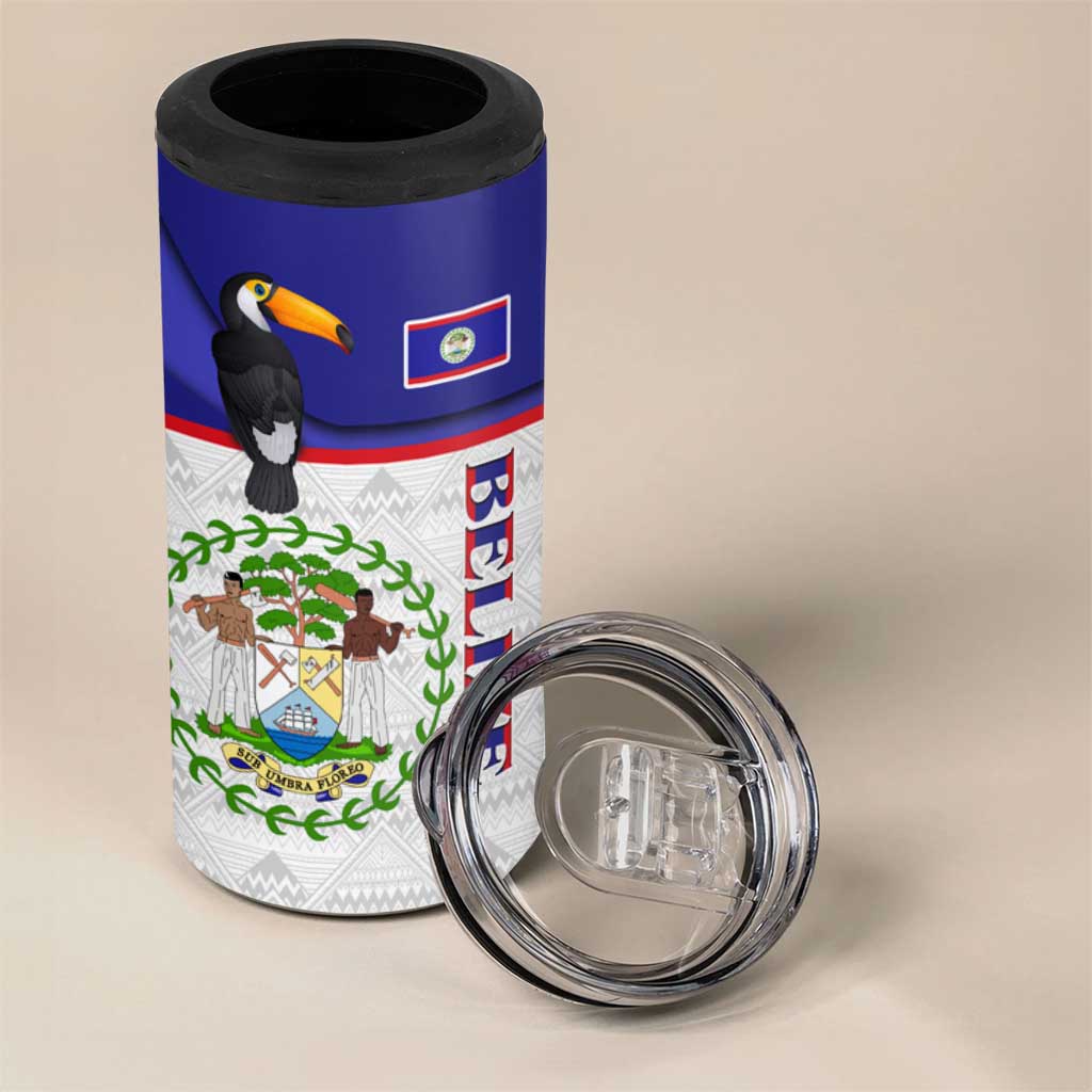 Belize National Emblem 4 in 1 Can Cooler Tumbler with Toucan Print and Flag-Inspired Blue Design