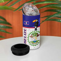 Belize National Emblem 4 in 1 Can Cooler Tumbler with Toucan Print and Flag-Inspired Blue Design