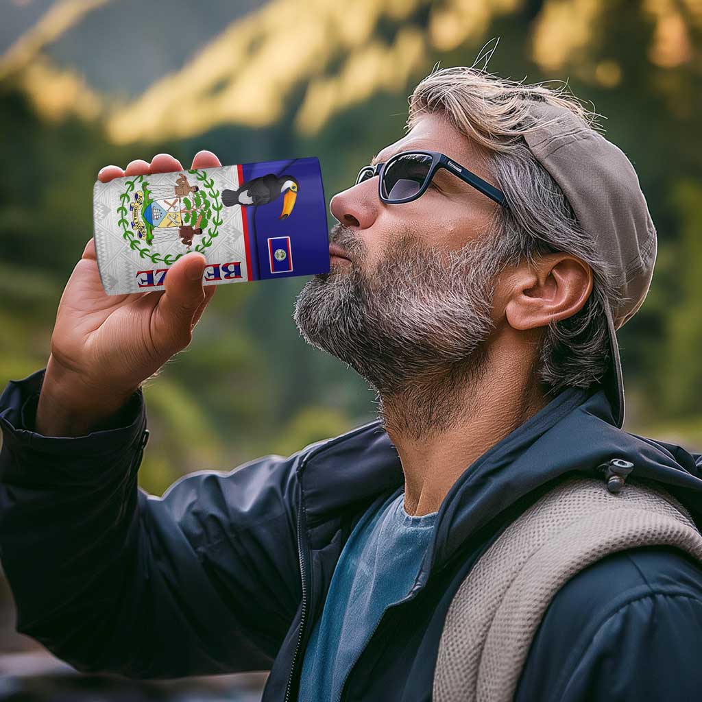 Belize National Emblem 4 in 1 Can Cooler Tumbler with Toucan Print and Flag-Inspired Blue Design