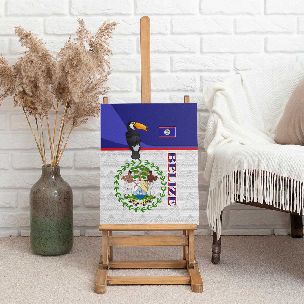 Belize National Emblem Canvas Wall Art with Toucan Print and Flag-Inspired Blue Design