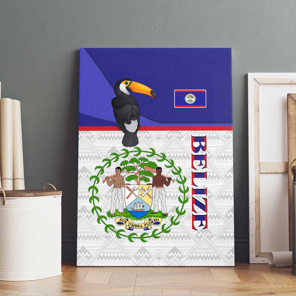 Belize National Emblem Canvas Wall Art with Toucan Print and Flag-Inspired Blue Design