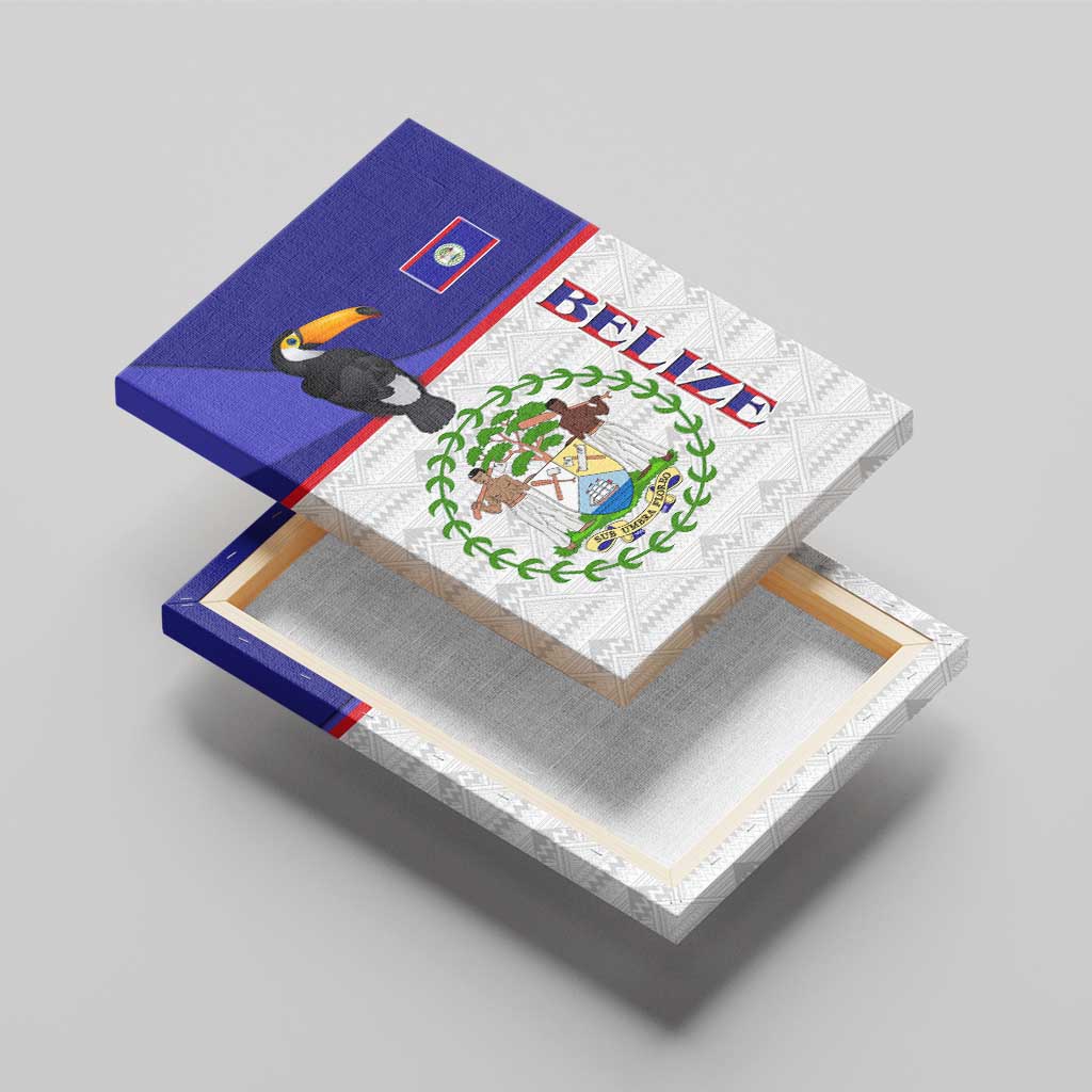 Belize National Emblem Canvas Wall Art with Toucan Print and Flag-Inspired Blue Design