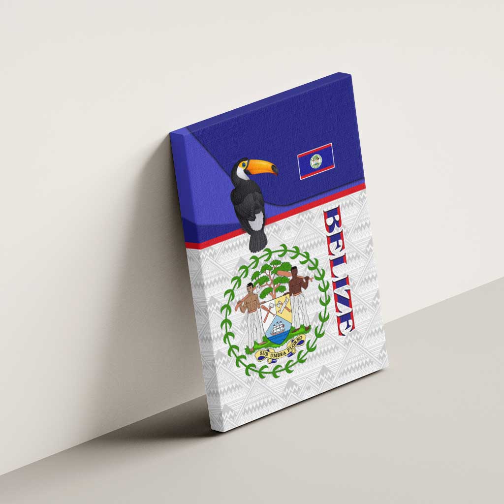 Belize National Emblem Canvas Wall Art with Toucan Print and Flag-Inspired Blue Design