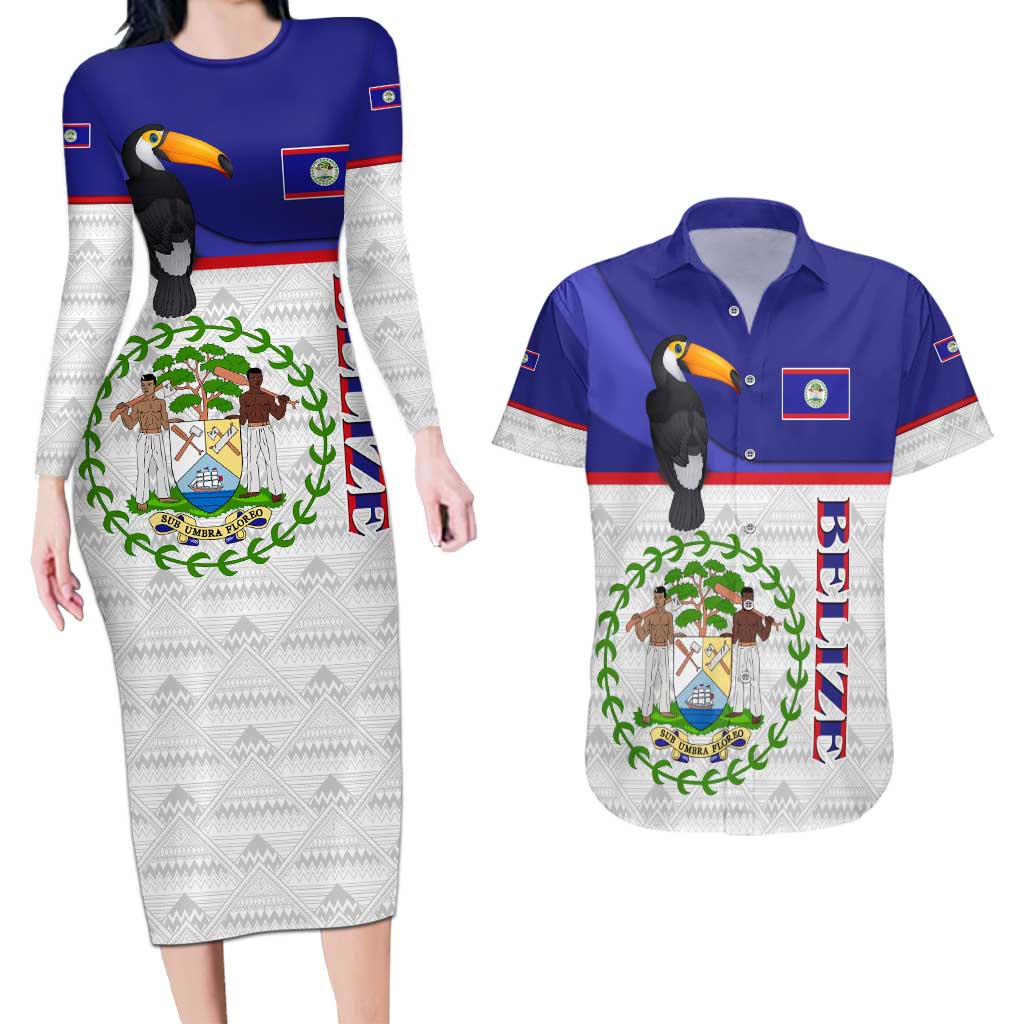 Belize National Emblem Couples Matching Long Sleeve Bodycon Dress and Hawaiian Shirt with Toucan Print and Flag-Inspired Blue Design