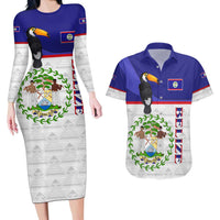 Belize National Emblem Couples Matching Long Sleeve Bodycon Dress and Hawaiian Shirt with Toucan Print and Flag-Inspired Blue Design
