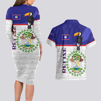 Belize National Emblem Couples Matching Long Sleeve Bodycon Dress and Hawaiian Shirt with Toucan Print and Flag-Inspired Blue Design