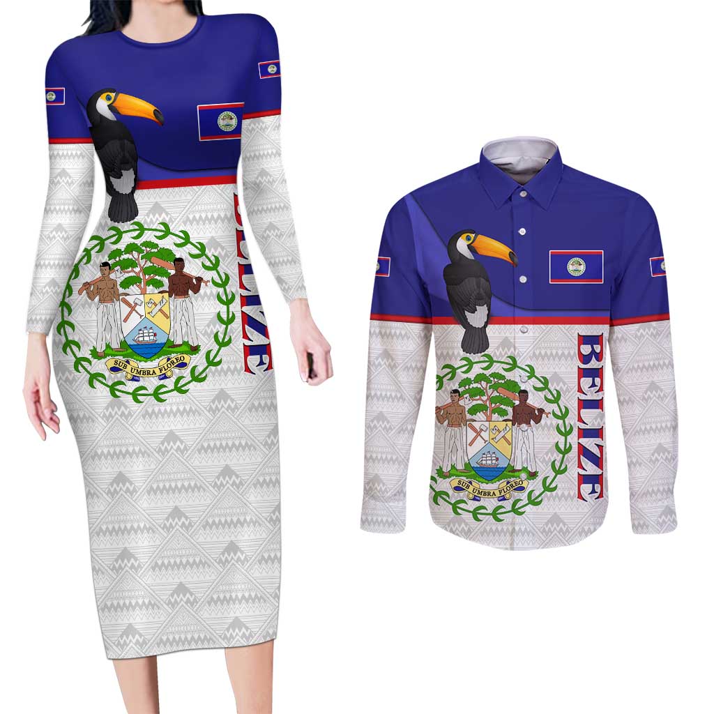 Belize National Emblem Couples Matching Long Sleeve Bodycon Dress and Long Sleeve Button Shirt with Toucan Print and Flag-Inspired Blue Design
