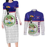 Belize National Emblem Couples Matching Long Sleeve Bodycon Dress and Long Sleeve Button Shirt with Toucan Print and Flag-Inspired Blue Design