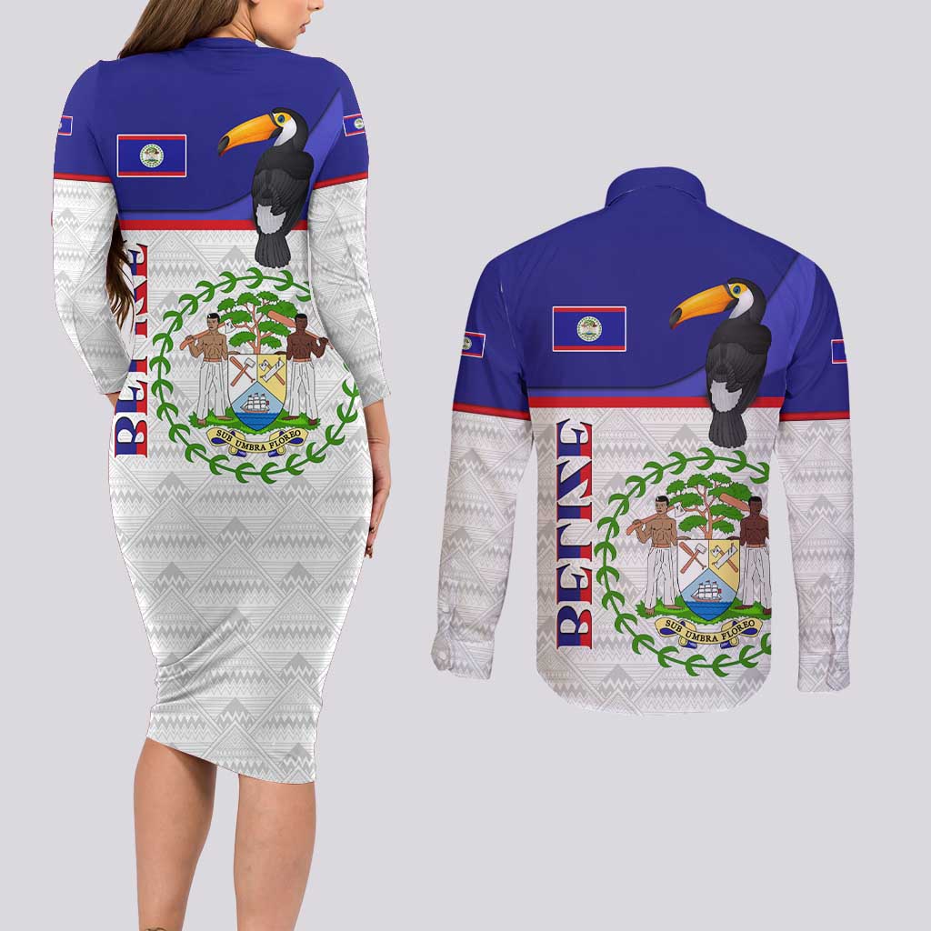 Belize National Emblem Couples Matching Long Sleeve Bodycon Dress and Long Sleeve Button Shirt with Toucan Print and Flag-Inspired Blue Design