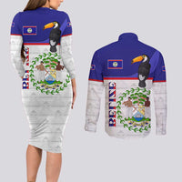 Belize National Emblem Couples Matching Long Sleeve Bodycon Dress and Long Sleeve Button Shirt with Toucan Print and Flag-Inspired Blue Design