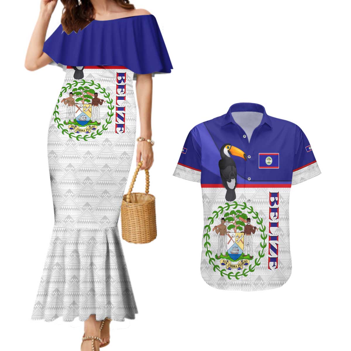 Belize National Emblem Couples Matching Mermaid Dress and Hawaiian Shirt with Toucan Print and Flag-Inspired Blue Design