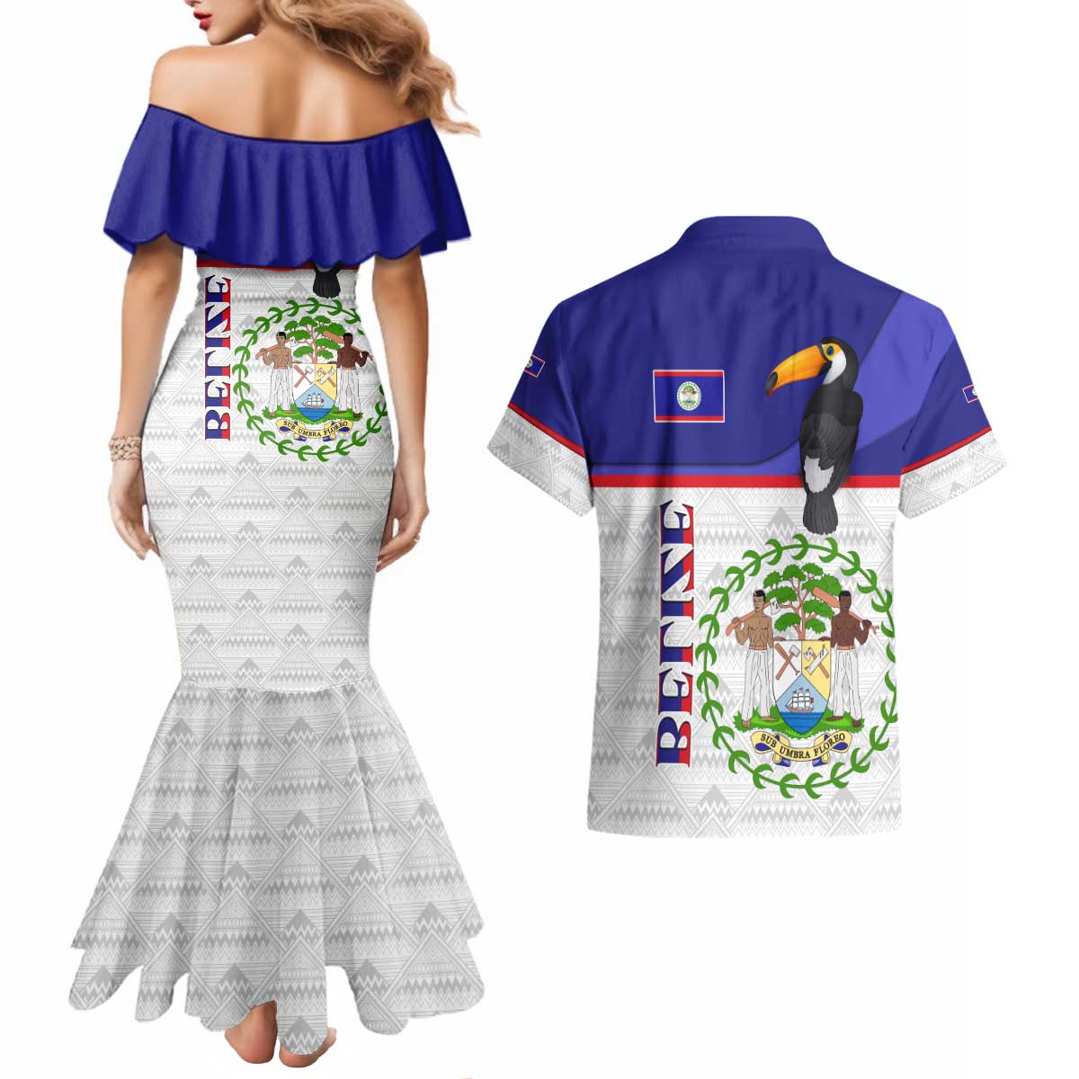 Belize National Emblem Couples Matching Mermaid Dress and Hawaiian Shirt with Toucan Print and Flag-Inspired Blue Design