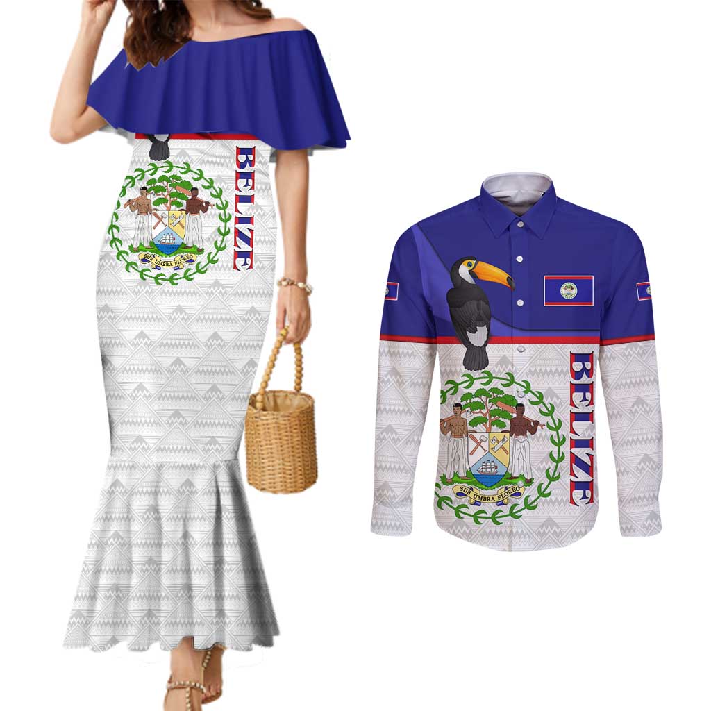 Belize National Emblem Couples Matching Mermaid Dress and Long Sleeve Button Shirt with Toucan Print and Flag-Inspired Blue Design