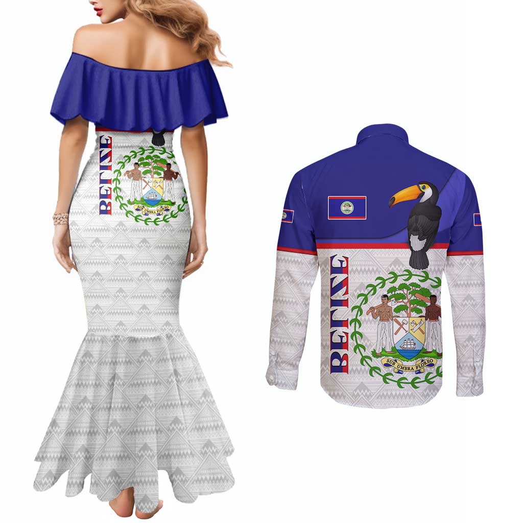 Belize National Emblem Couples Matching Mermaid Dress and Long Sleeve Button Shirt with Toucan Print and Flag-Inspired Blue Design