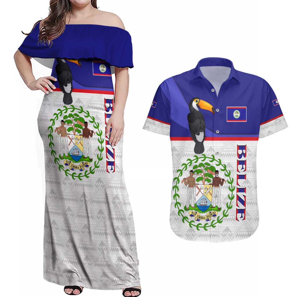 Belize National Emblem Couples Matching Off Shoulder Maxi Dress and Hawaiian Shirt with Toucan Print and Flag-Inspired Blue Design