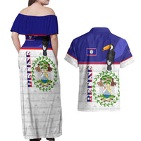 Belize National Emblem Couples Matching Off Shoulder Maxi Dress and Hawaiian Shirt with Toucan Print and Flag-Inspired Blue Design