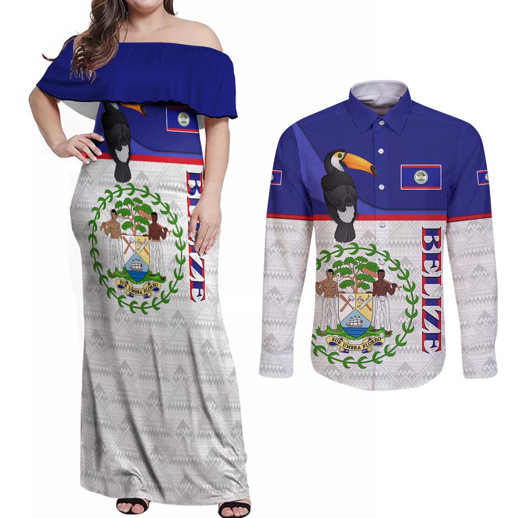 Belize National Emblem Couples Matching Off Shoulder Maxi Dress and Long Sleeve Button Shirt with Toucan Print and Flag-Inspired Blue Design