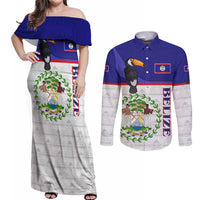 Belize National Emblem Couples Matching Off Shoulder Maxi Dress and Long Sleeve Button Shirt with Toucan Print and Flag-Inspired Blue Design