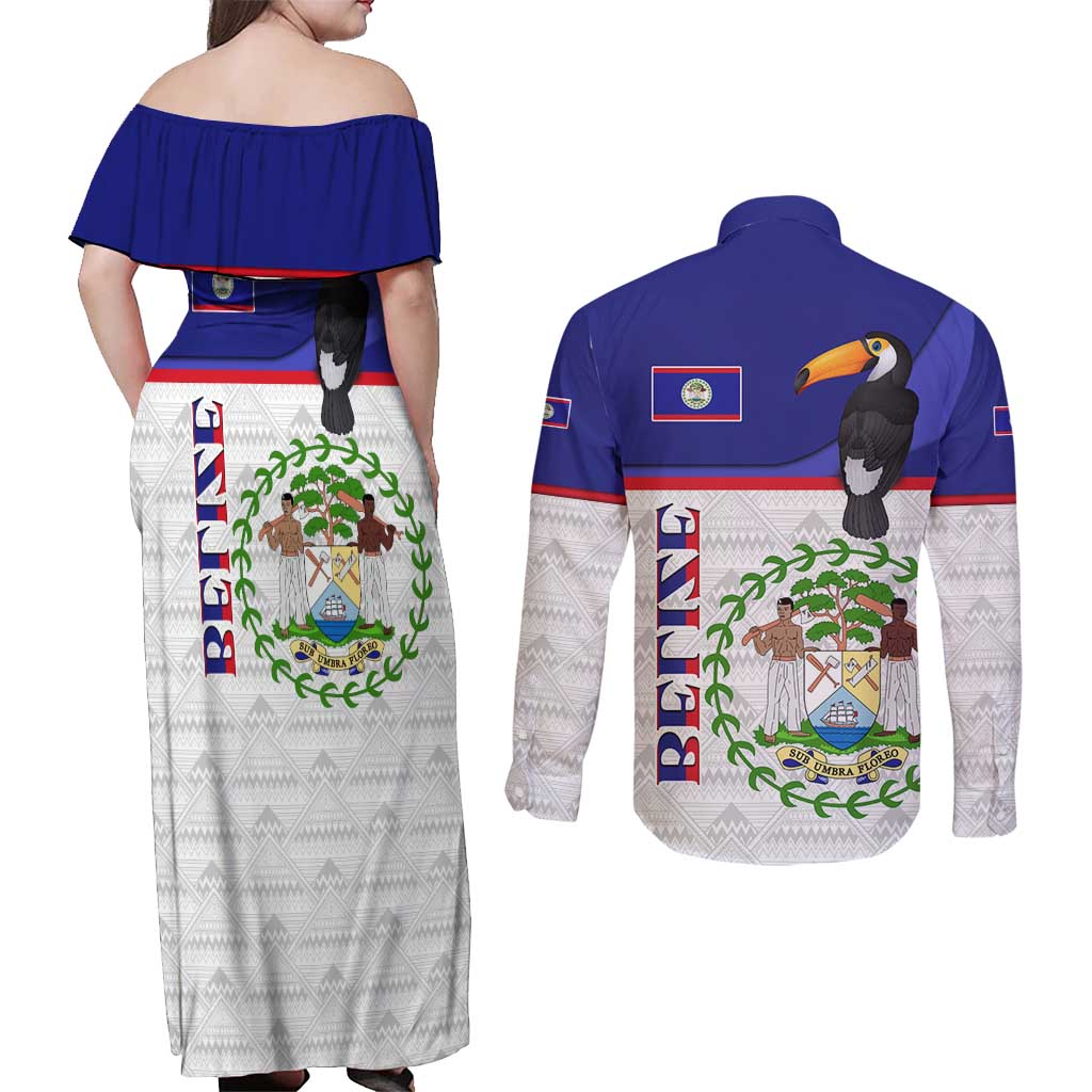 Belize National Emblem Couples Matching Off Shoulder Maxi Dress and Long Sleeve Button Shirt with Toucan Print and Flag-Inspired Blue Design