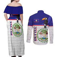 Belize National Emblem Couples Matching Off Shoulder Maxi Dress and Long Sleeve Button Shirt with Toucan Print and Flag-Inspired Blue Design