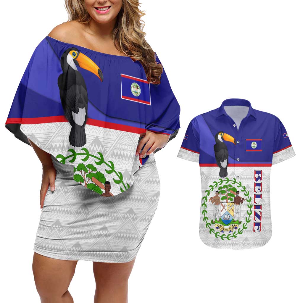 Belize National Emblem Couples Matching Off Shoulder Short Dress and Hawaiian Shirt with Toucan Print and Flag-Inspired Blue Design