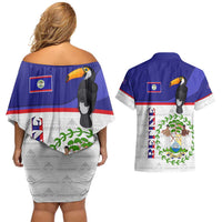 Belize National Emblem Couples Matching Off Shoulder Short Dress and Hawaiian Shirt with Toucan Print and Flag-Inspired Blue Design