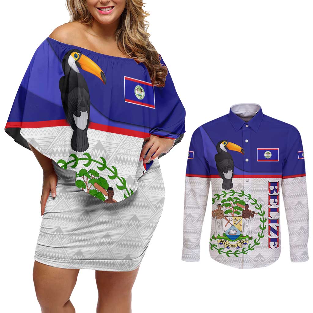 Belize National Emblem Couples Matching Off Shoulder Short Dress and Long Sleeve Button Shirt with Toucan Print and Flag-Inspired Blue Design