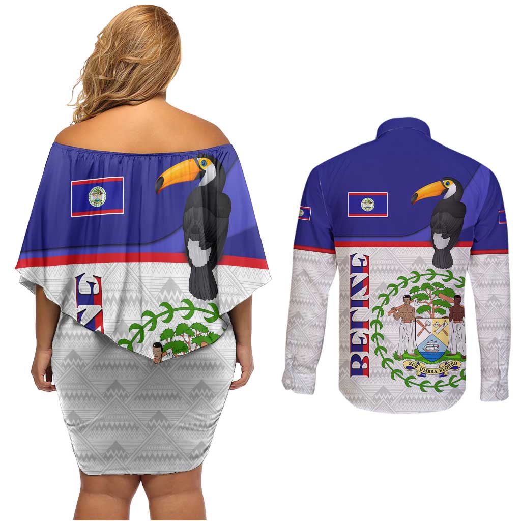 Belize National Emblem Couples Matching Off Shoulder Short Dress and Long Sleeve Button Shirt with Toucan Print and Flag-Inspired Blue Design