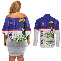Belize National Emblem Couples Matching Off Shoulder Short Dress and Long Sleeve Button Shirt with Toucan Print and Flag-Inspired Blue Design