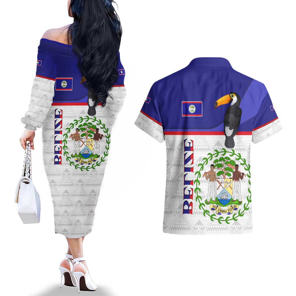 Belize National Emblem Couples Matching Off The Shoulder Long Sleeve Dress and Hawaiian Shirt with Toucan Print and Flag-Inspired Blue Design