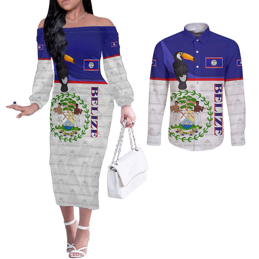 Belize National Emblem Couples Matching Off The Shoulder Long Sleeve Dress and Long Sleeve Button Shirt with Toucan Print and Flag-Inspired Blue Design