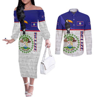 Belize National Emblem Couples Matching Off The Shoulder Long Sleeve Dress and Long Sleeve Button Shirt with Toucan Print and Flag-Inspired Blue Design