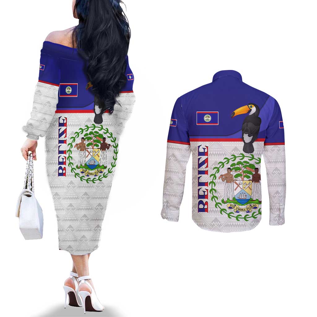 Belize National Emblem Couples Matching Off The Shoulder Long Sleeve Dress and Long Sleeve Button Shirt with Toucan Print and Flag-Inspired Blue Design