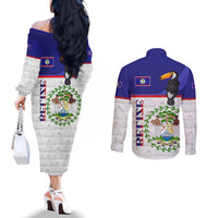 Belize National Emblem Couples Matching Off The Shoulder Long Sleeve Dress and Long Sleeve Button Shirt with Toucan Print and Flag-Inspired Blue Design