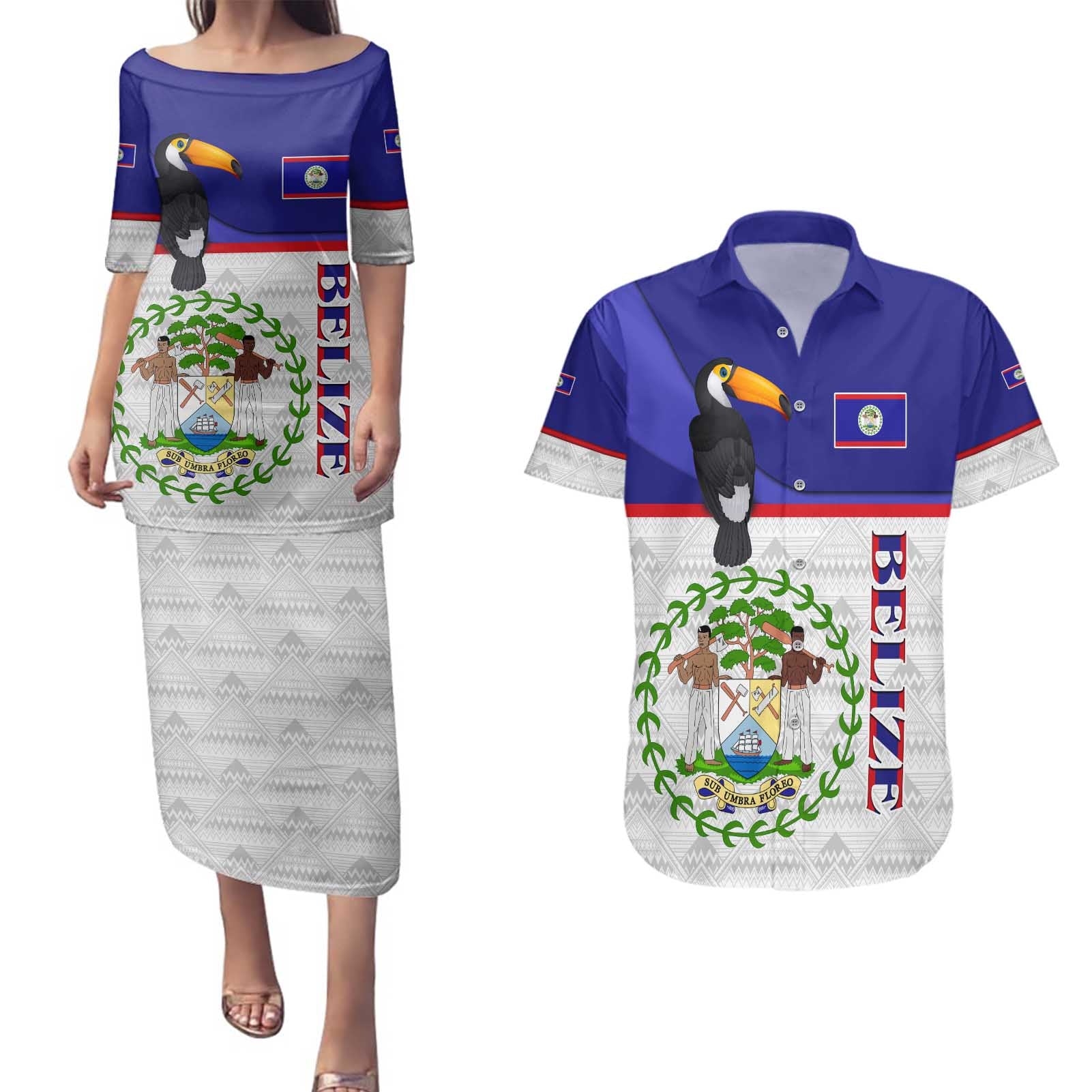 Belize National Emblem Couples Matching Puletasi and Hawaiian Shirt with Toucan Print and Flag-Inspired Blue Design