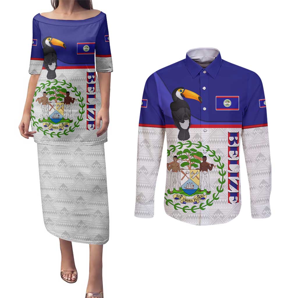 Belize National Emblem Couples Matching Puletasi and Long Sleeve Button Shirt with Toucan Print and Flag-Inspired Blue Design