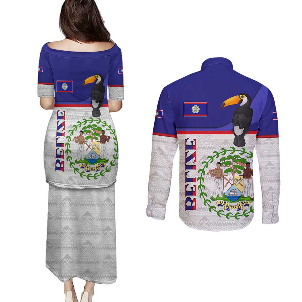 Belize National Emblem Couples Matching Puletasi and Long Sleeve Button Shirt with Toucan Print and Flag-Inspired Blue Design