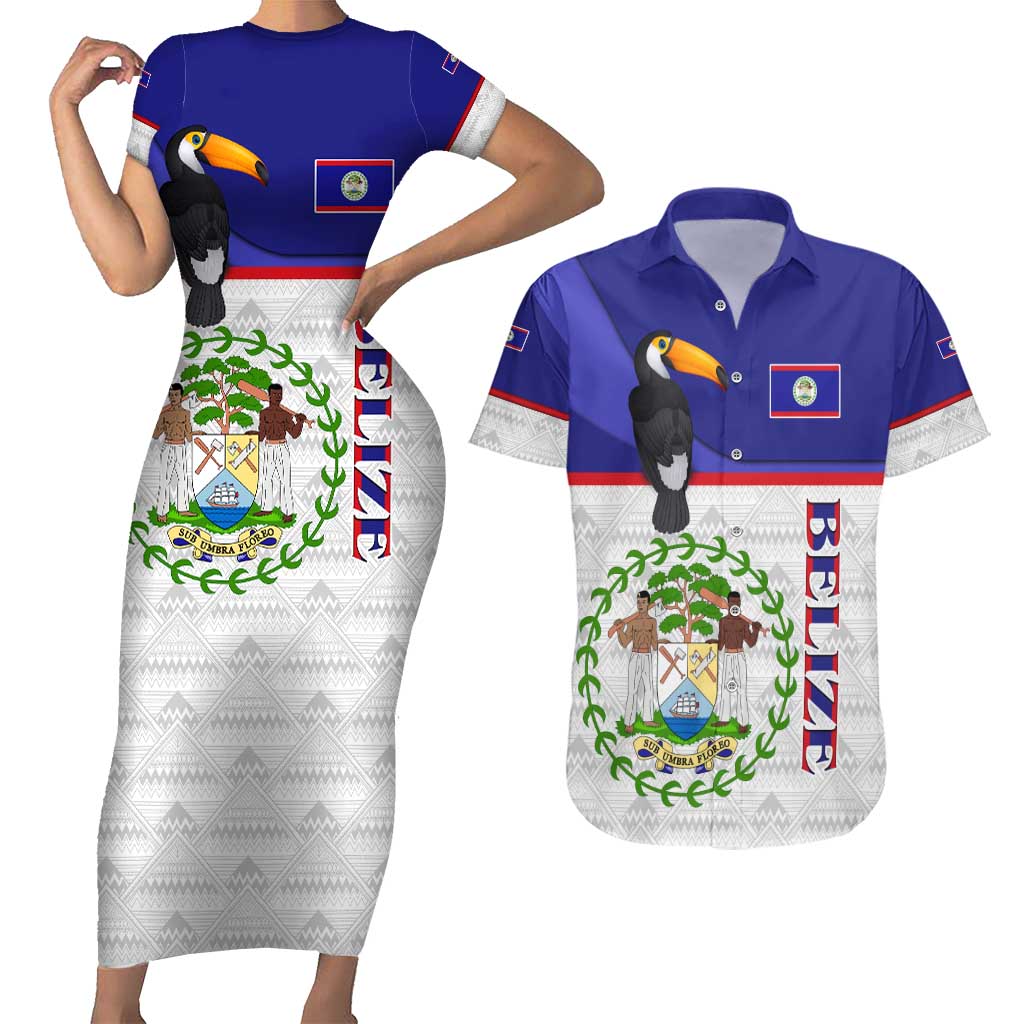Belize National Emblem Couples Matching Short Sleeve Bodycon Dress and Hawaiian Shirt with Toucan Print and Flag-Inspired Blue Design