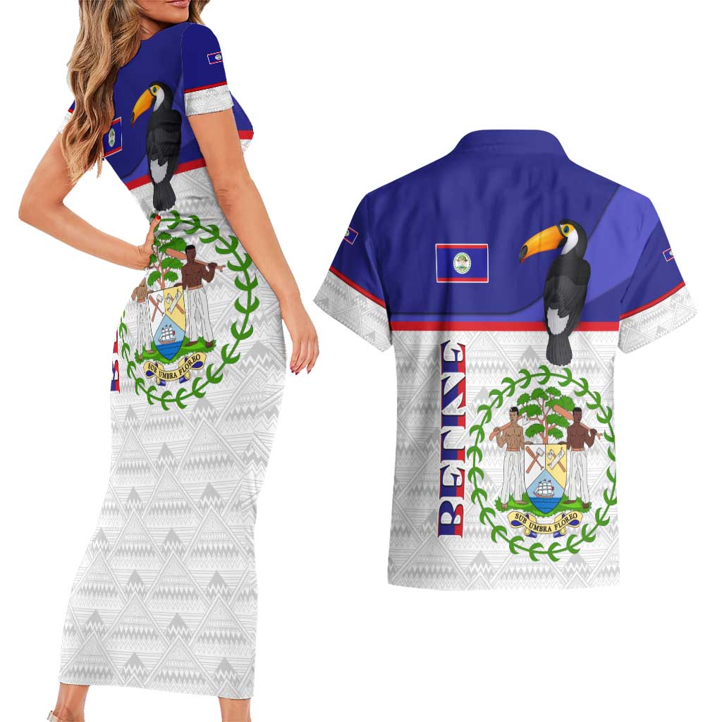 Belize National Emblem Couples Matching Short Sleeve Bodycon Dress and Hawaiian Shirt with Toucan Print and Flag-Inspired Blue Design