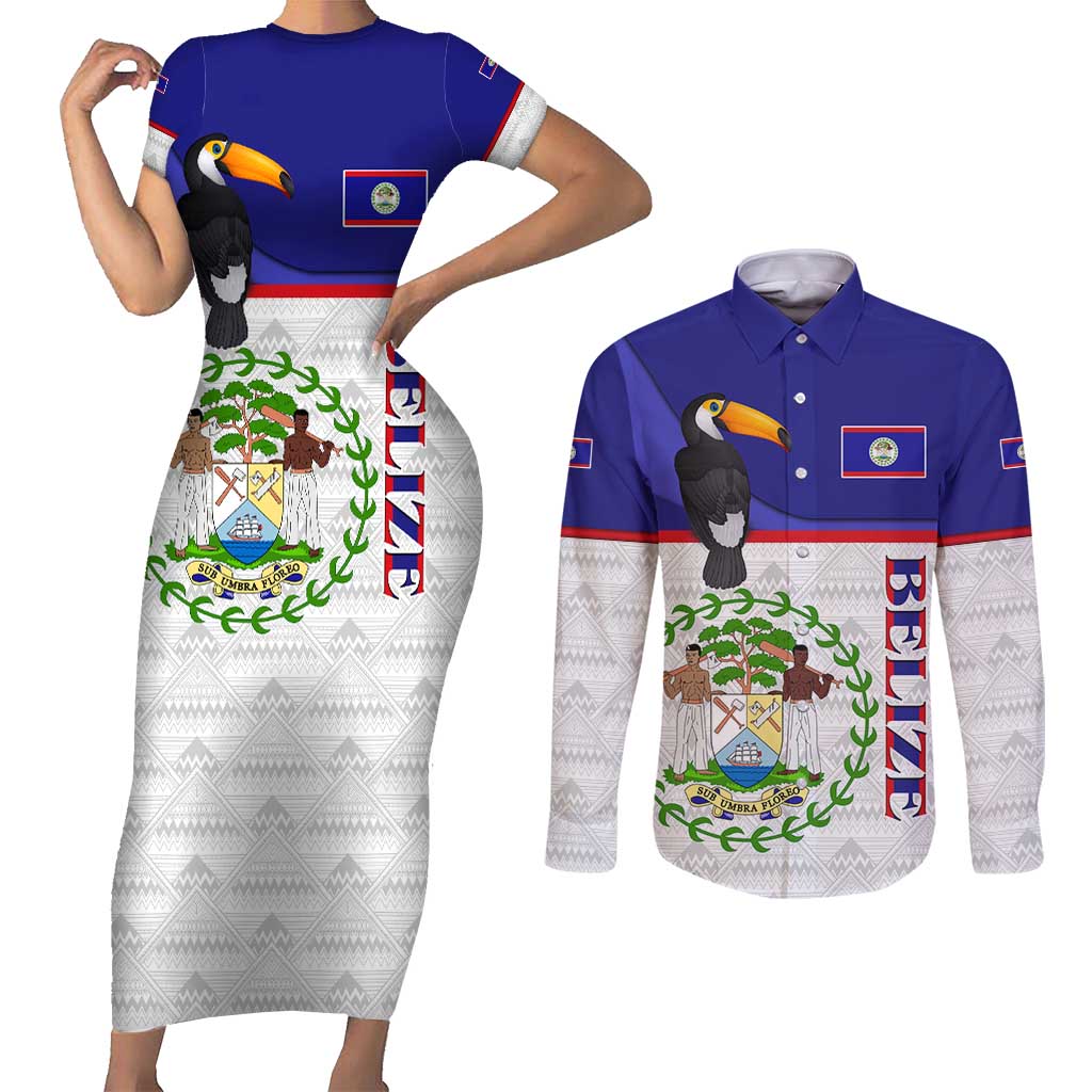 Belize National Emblem Couples Matching Short Sleeve Bodycon Dress and Long Sleeve Button Shirt with Toucan Print and Flag-Inspired Blue Design