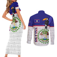 Belize National Emblem Couples Matching Short Sleeve Bodycon Dress and Long Sleeve Button Shirt with Toucan Print and Flag-Inspired Blue Design