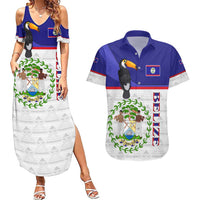 Belize National Emblem Couples Matching Summer Maxi Dress and Hawaiian Shirt with Toucan Print and Flag-Inspired Blue Design