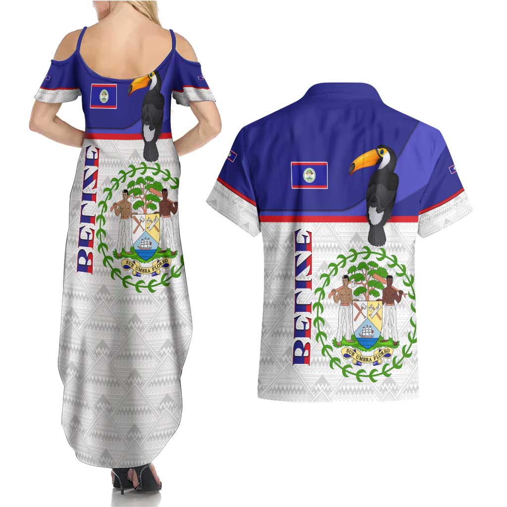 Belize National Emblem Couples Matching Summer Maxi Dress and Hawaiian Shirt with Toucan Print and Flag-Inspired Blue Design