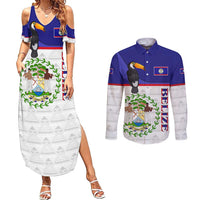 Belize National Emblem Couples Matching Summer Maxi Dress and Long Sleeve Button Shirt with Toucan Print and Flag-Inspired Blue Design