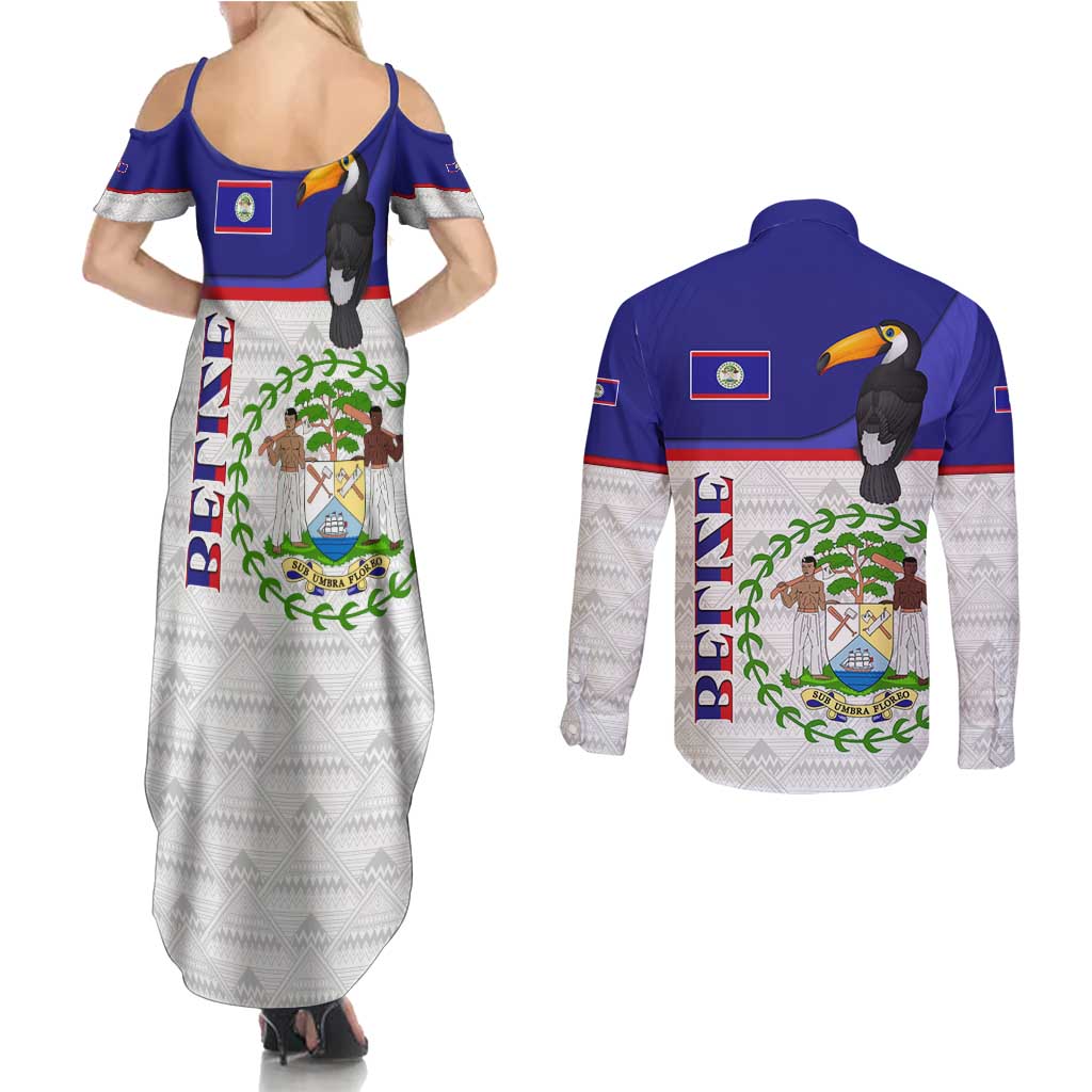 Belize National Emblem Couples Matching Summer Maxi Dress and Long Sleeve Button Shirt with Toucan Print and Flag-Inspired Blue Design