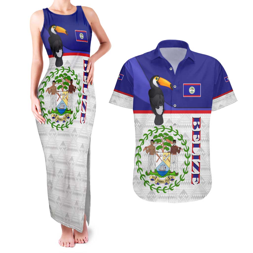 Belize National Emblem Couples Matching Tank Maxi Dress and Hawaiian Shirt with Toucan Print and Flag-Inspired Blue Design