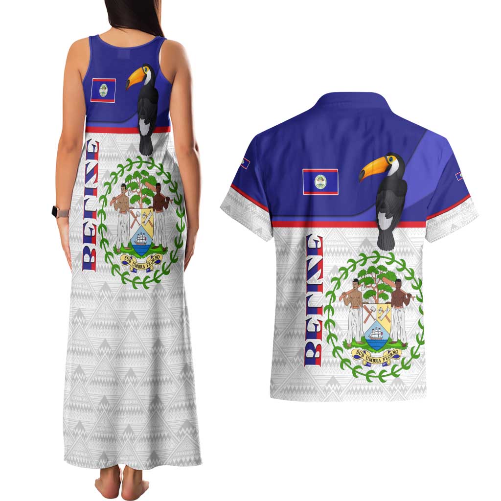 Belize National Emblem Couples Matching Tank Maxi Dress and Hawaiian Shirt with Toucan Print and Flag-Inspired Blue Design