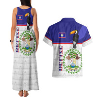 Belize National Emblem Couples Matching Tank Maxi Dress and Hawaiian Shirt with Toucan Print and Flag-Inspired Blue Design