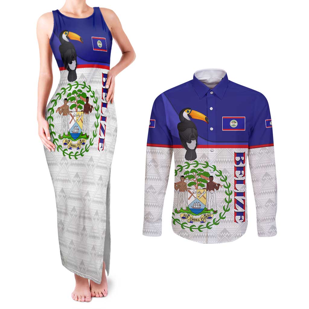 Belize National Emblem Couples Matching Tank Maxi Dress and Long Sleeve Button Shirt with Toucan Print and Flag-Inspired Blue Design