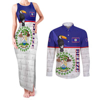 Belize National Emblem Couples Matching Tank Maxi Dress and Long Sleeve Button Shirt with Toucan Print and Flag-Inspired Blue Design